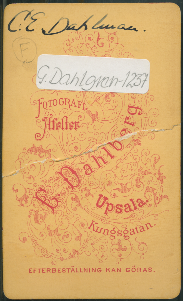 På kuvertet står följande information sammanställd vid museets första genomgång av materialet: Carl Edvard Dahlman
Uppsala.