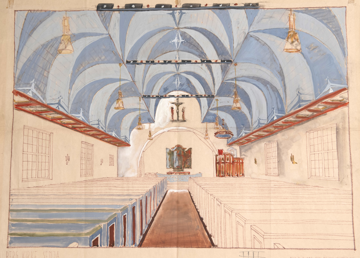 Utkast til fargesetting og dekor av interiøret i Berg kirke på Senja.