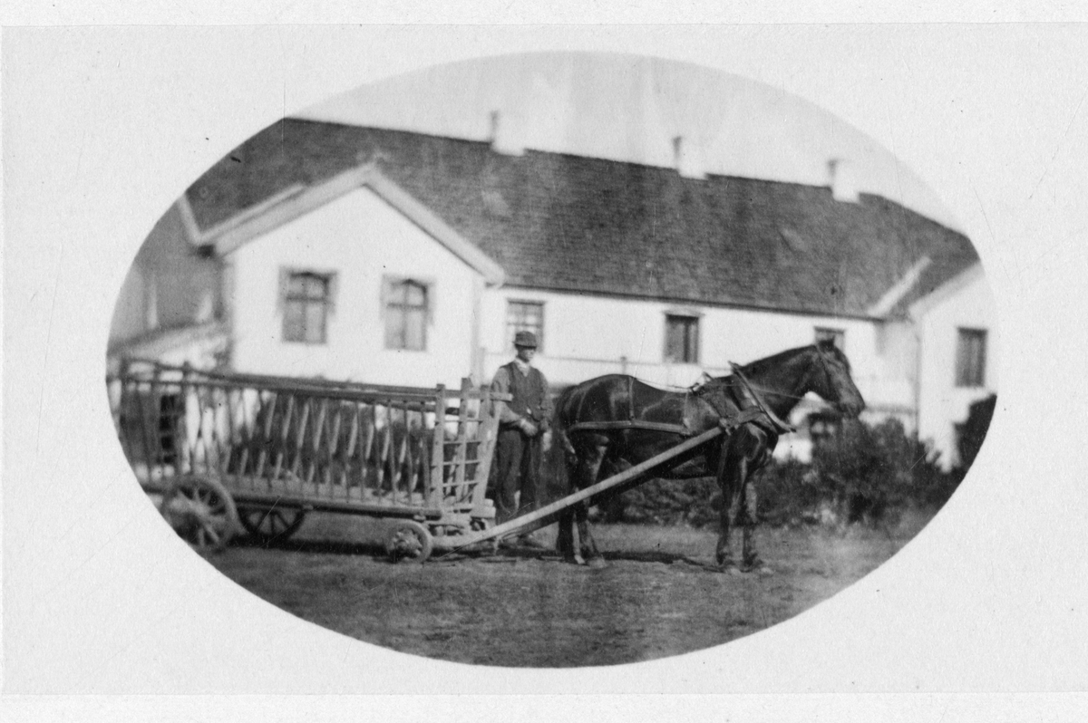 Foto av gårdsarbeider med hest og vogn, antagelig på Dal gård. Trolig på slutten av 1870-tallet eller tidlig 1880-tallet