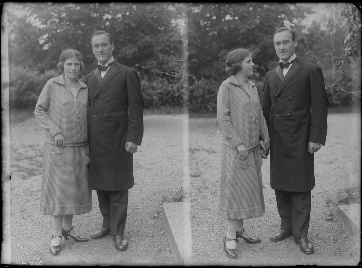 Fotografering beställd av Agnes Larsson. Föreställer lärarinnan Agnes Maria Larsson (1902-1962) och hennes blivande make pastor Johan Alberus Ringsgård (1902-1982).