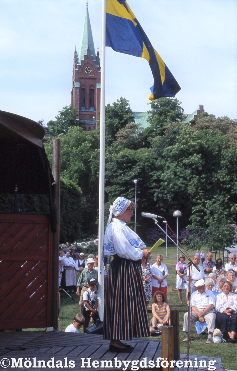 Svenska flaggans dag 1992-06-06. Evi Lepik, Lindome Hembygdsgille, högtidstalar i Mölndals Stadspark.