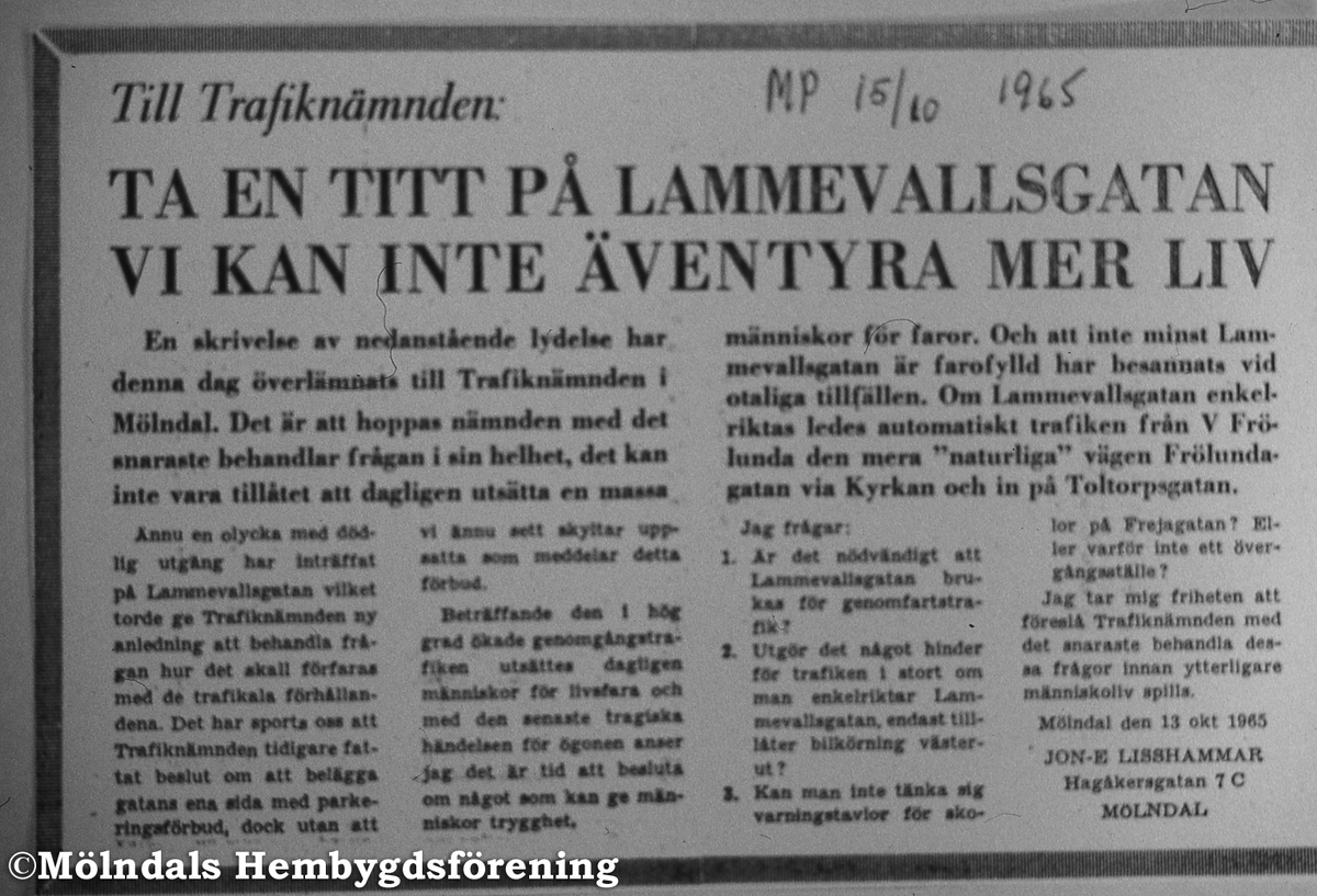 Lammevallsgatan på Solängen i Mölndal den 15 oktober 1965. Lisshammar skriver om Lammevallsgatan i Mölndals-Posten.