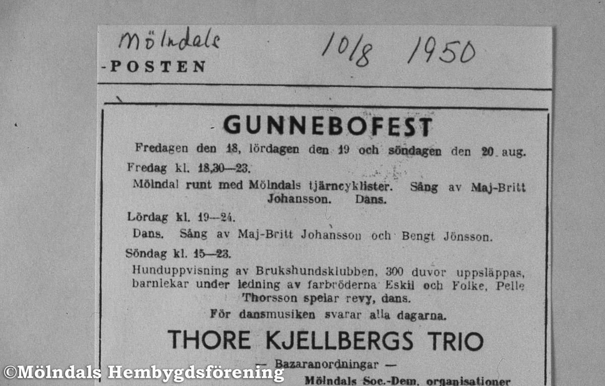 Gunnebo i Mölndal, augusti 1950. Annons i Mölndals-Posten. Gunnebofest i augusti.