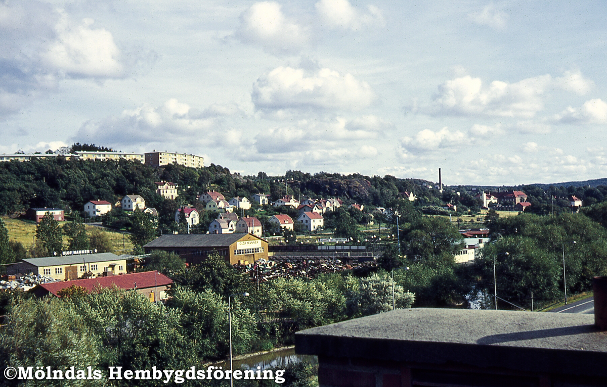 Vy från taket på Vänortsgatan 12, över Göteborgsvägen och Mölndalsån, mot bebyggelse i Trädgården, Mölndal, år 1966. Lägg märke till Olof Manners skrot och isbanan vid Ågatan. Uppe på höjden ses även bostadsbebyggelse i Enerbacken.