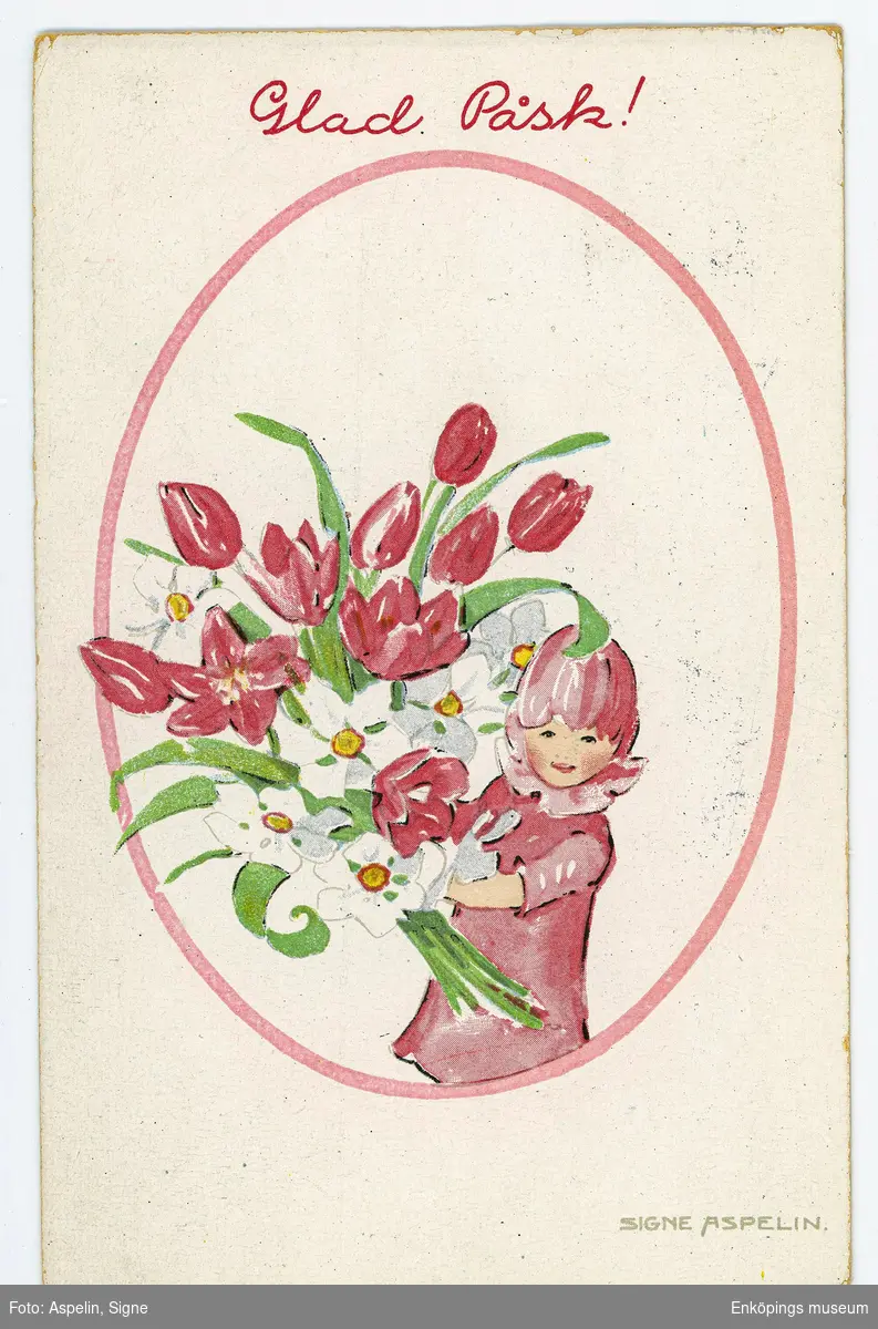 Påskkort med motiv av flicka i blomsterkläder. Flickan hållerett stort fång röda tulpaner i sin famn. Kläderna hon bär liknar tulpanerna. Hela bilden är placerad i en oval. Ovanför ovalen finns texten "Glad Påsk!". Nere i högra hörnet finns illustratörens signatur, Signe Aspelin. Signe Aspelin (1881- 1961) var en svensk illustratör, barnboksförfattare och bildkonstnär.

På baksidan finns ett grönt 10- öres frimärke med ett lejon. Kortet är opststämplat den 15/4-1922.