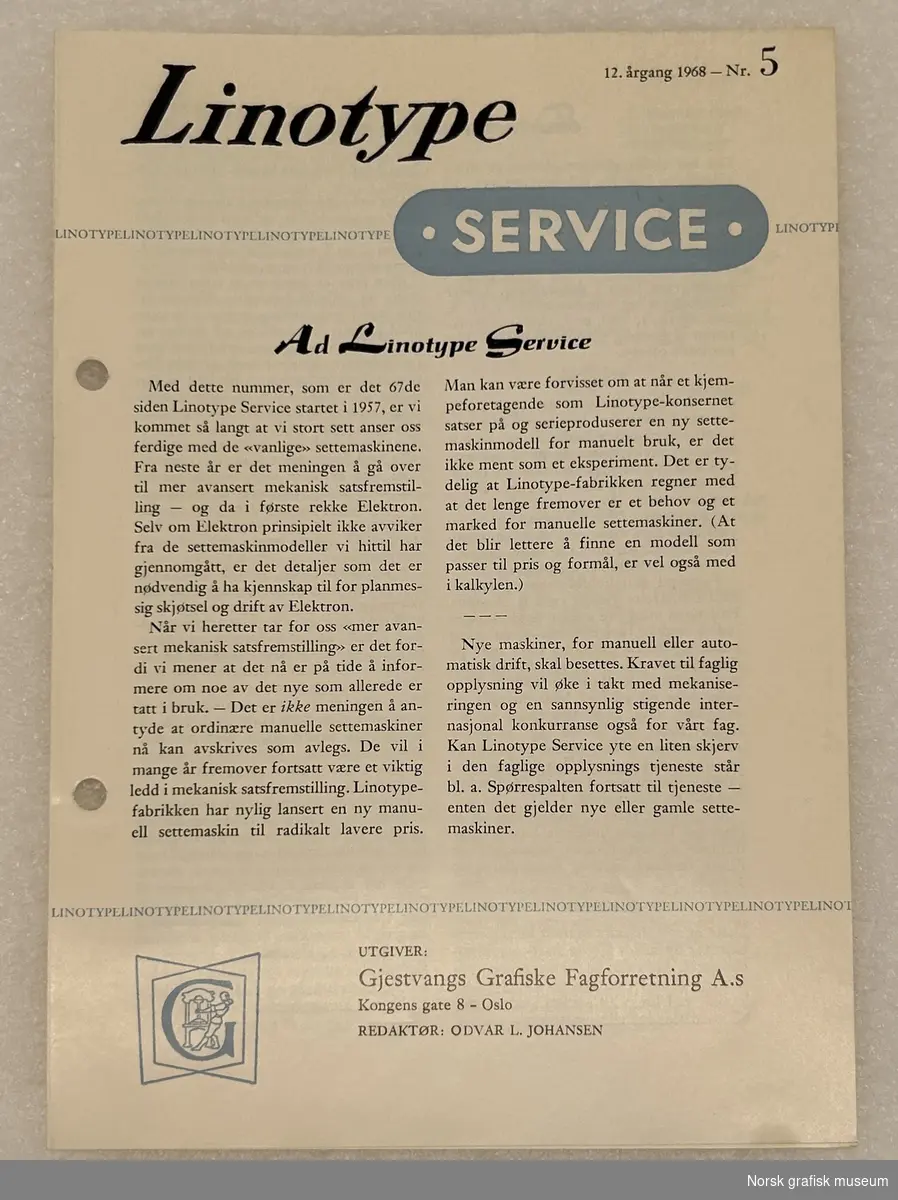 Heftet Linotype-service 12. årgang, 1968, nr. 5.