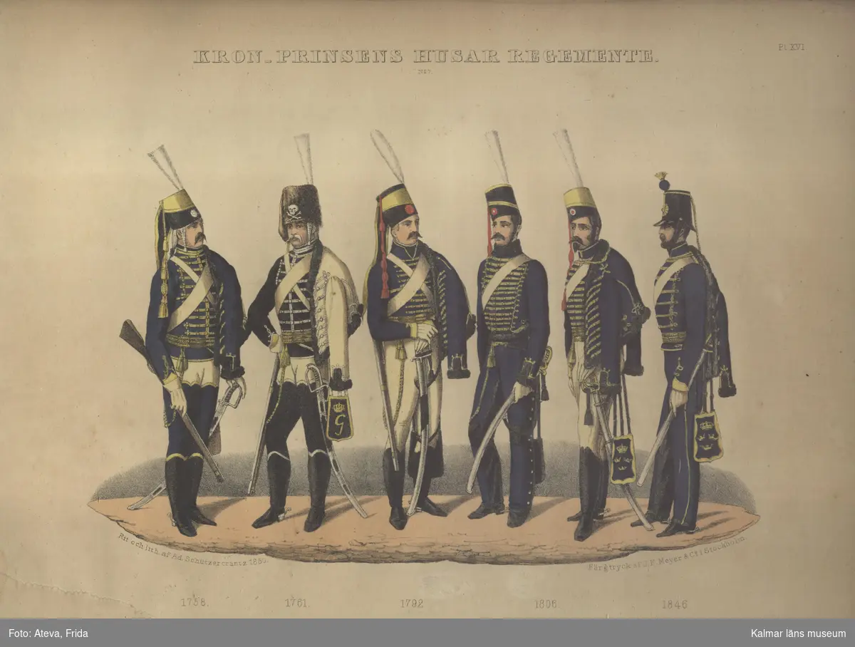 Motiv med uniformer på Kronprinsens husar regemente, från åren, 1758, 1761, 1792, 1806 och 1846.