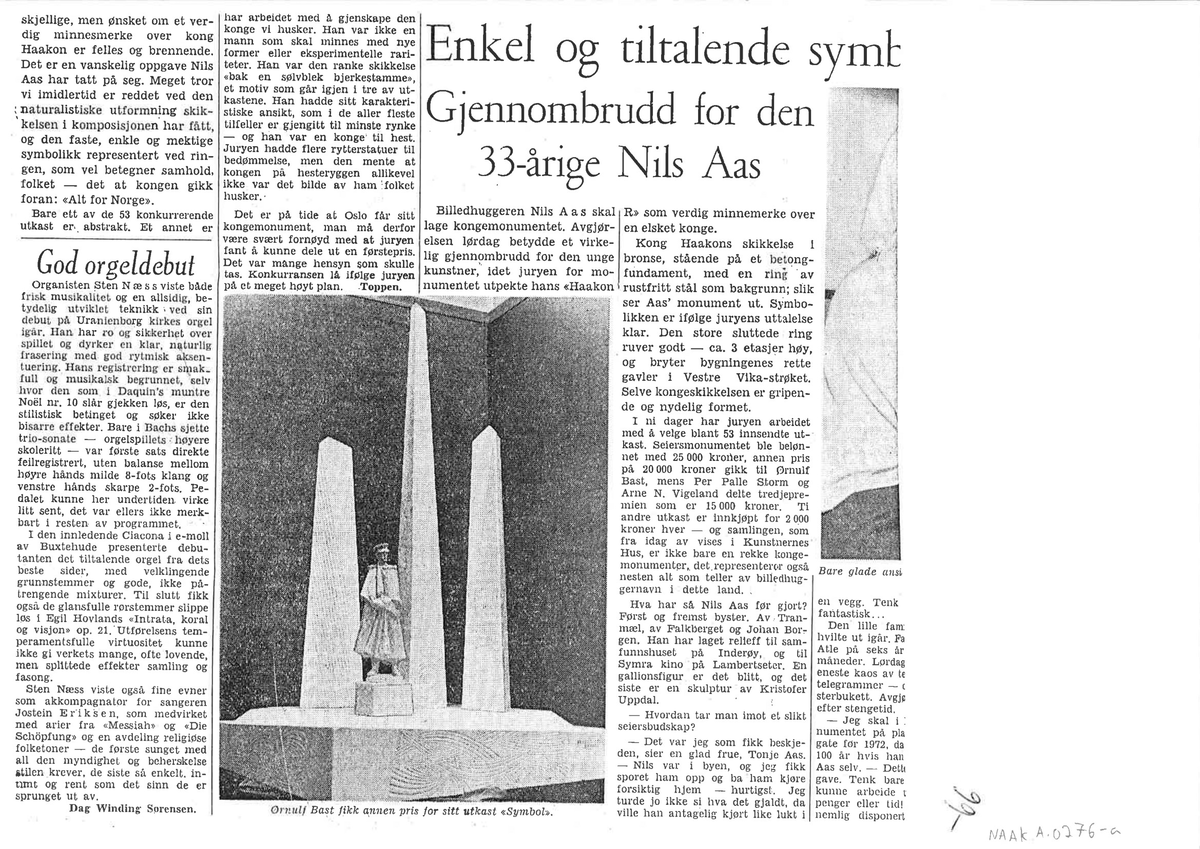 foto av Ørulf Bast sitt utkast "symbol" til kongemonumentet, Nils Aas med familie