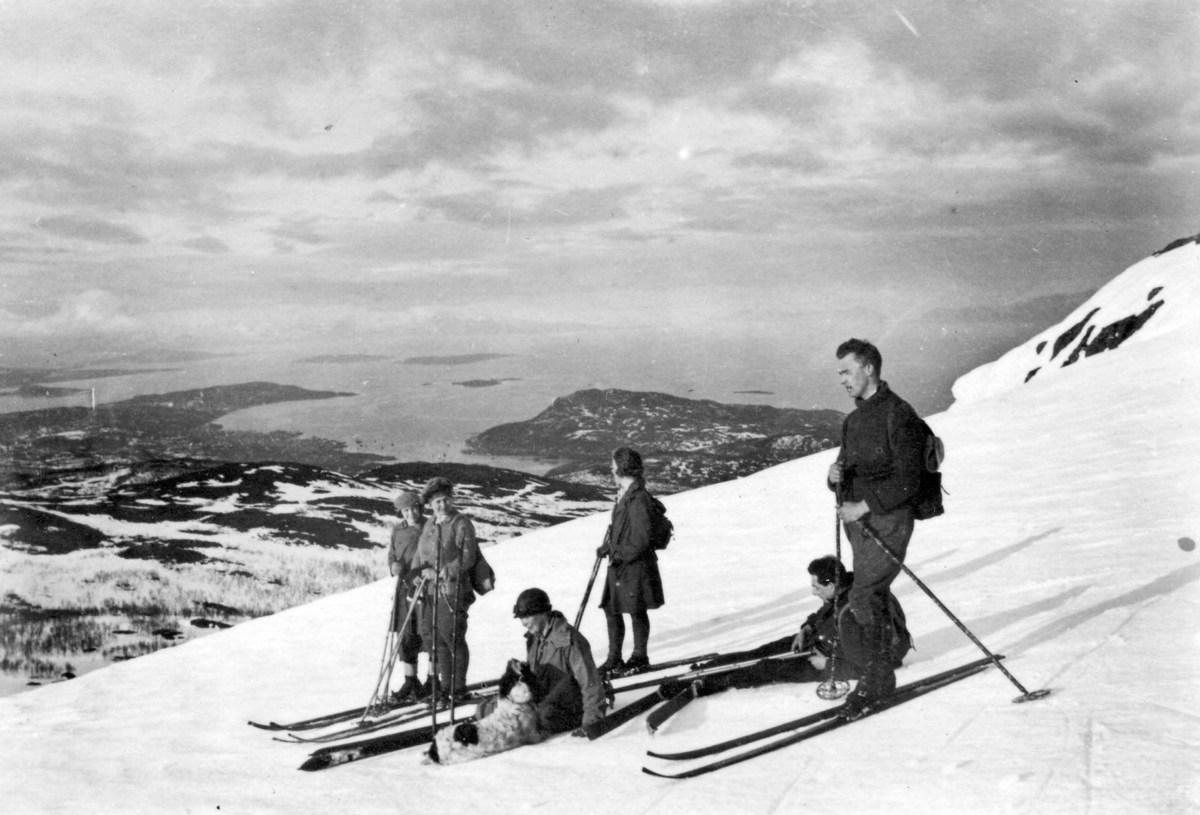 Fire kvinner, to menn og en hund på skitur på Middagsfjellet.