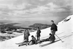 Fire kvinner, to menn og en hund på skitur på Middagsfjellet