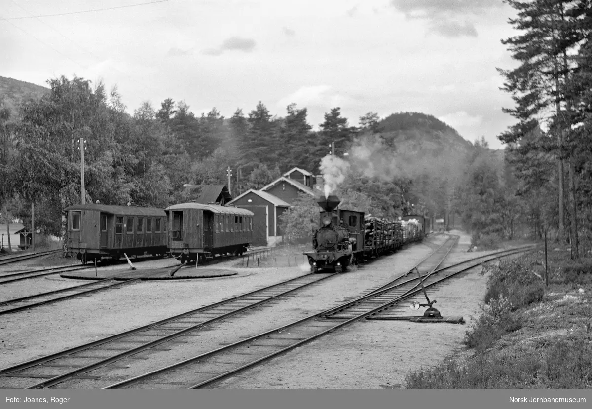 Godstog til Grovane på Byglandsfjord stasjon. Toget trekkes av damplok type XXI nr. 2.