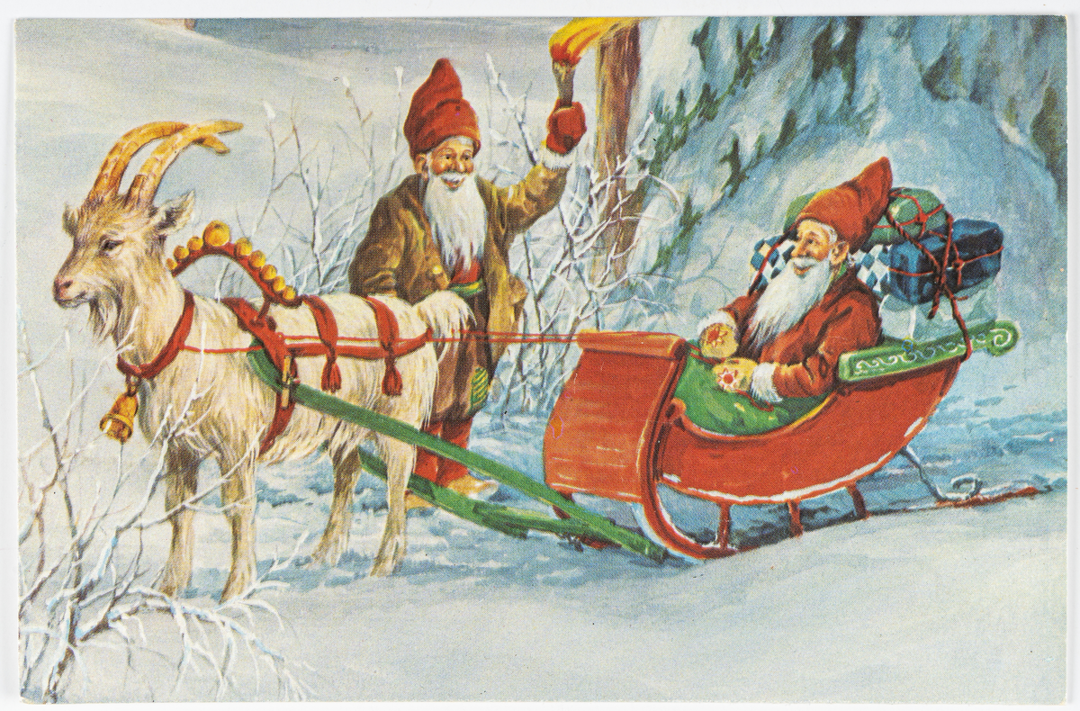 Kort med julmotiv, två tomtar med en bock som drar en röd kälke. På baksidan tryckt God Jul och Gott Nytt År önskar". Efter original av Erik Forsman.