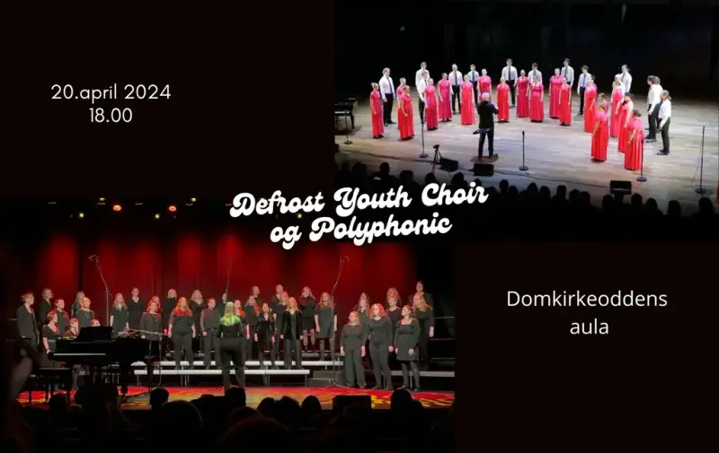Bilder av korene Defrost Youth Choir i lakserøde kjoler og koret Polyphonic i mørke klær med rosa bakgrunn.
