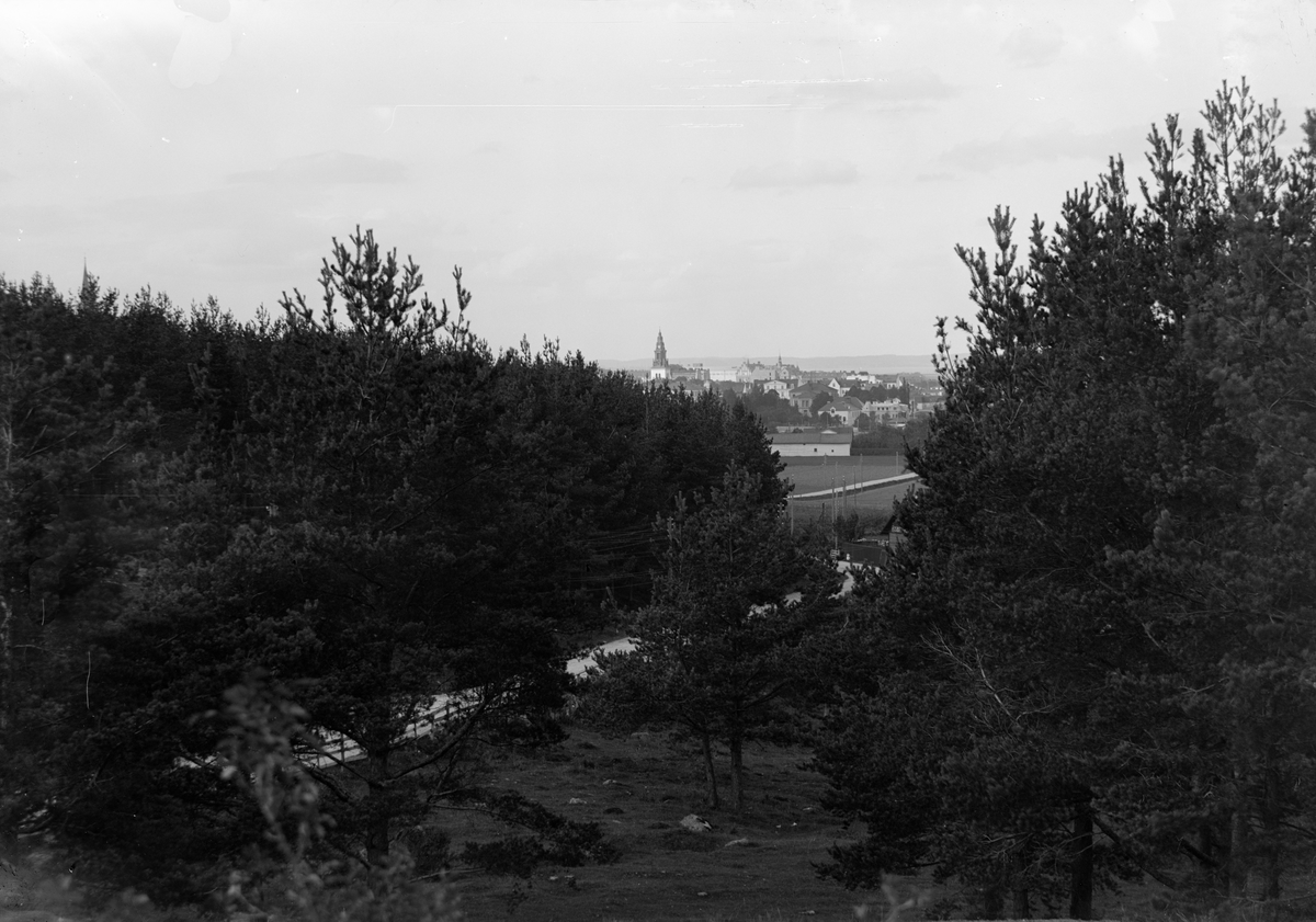 Från Risbrinkens höjder med en skymt av Linköpings östra delar. Fotografiet är odaterat men markörer i bilden bestämmer den till 1914 eller kort därpå.