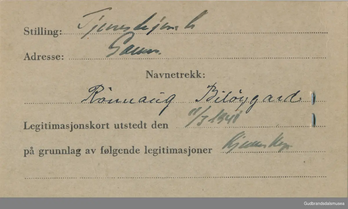 Biløygard - Rønnaug f.1904.
ID-kort utstedt 1941, Lom