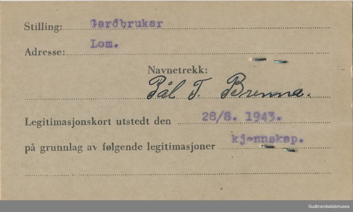 Pål T. Brenna f. 1917
ID-kort utstedt 1941, Lom