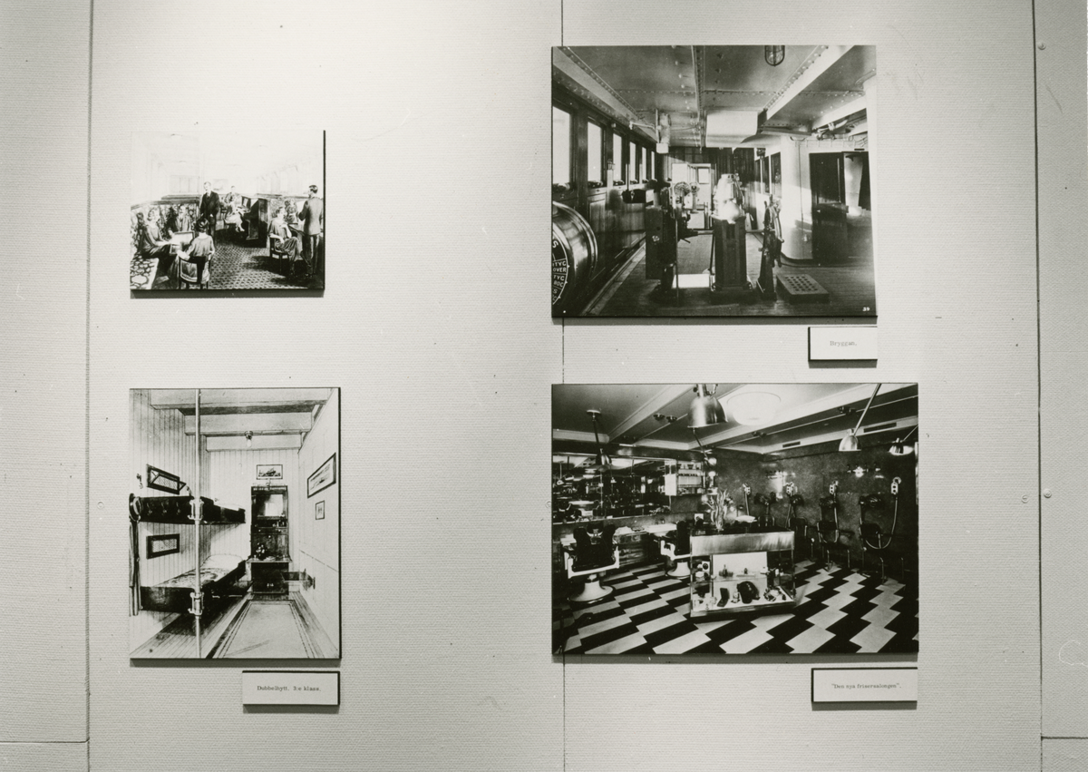 Utställningen om M/S GRIPSHOLM. Fotografier av inredning, däcksmiljö och frisörsalongen.