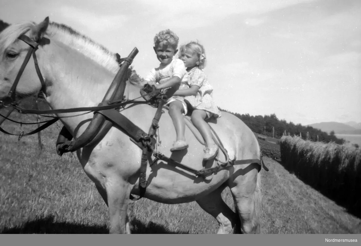 To små barn på hesteryggen. Det er ukjent hvem vi ser på bildet, samt hvor og når bildet er tatt. Fra arkivet etter John Myren.