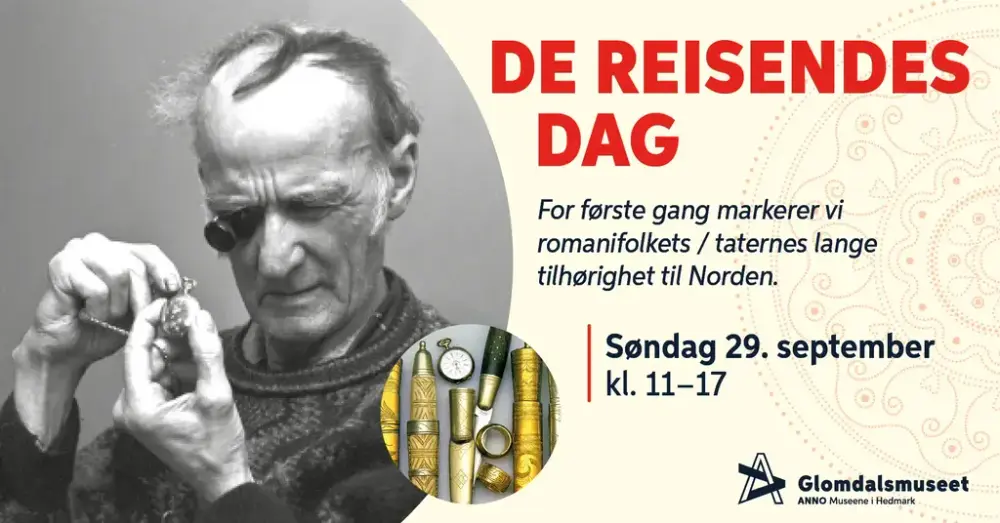 Plakat for De reisendes dag 2024. Teksten er: For første gang markerer vi romanifolkets/taternes lange tilhørighet til Norden. Søndag 29. september kl 11-17