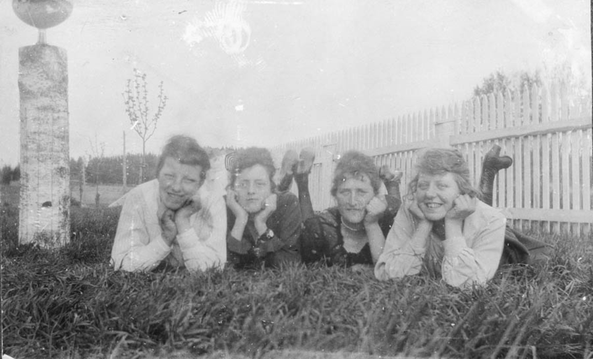 4 kvinner i gresset ved et hagegjerde
