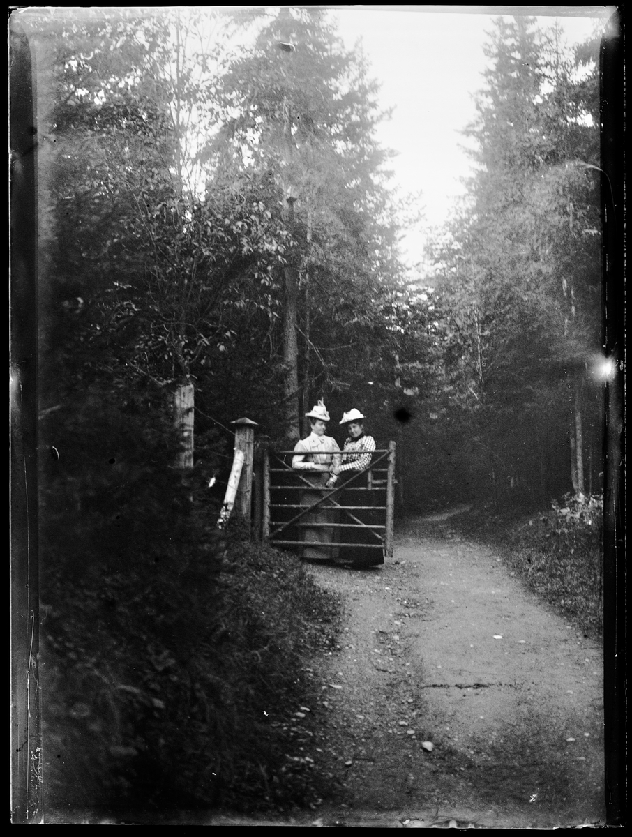To damer ved en port i skogen.