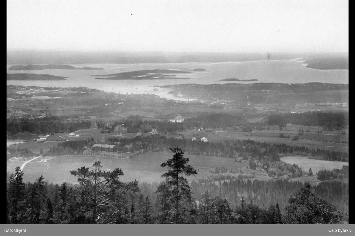 Fra Voksenkollen?, Holmendammen midt på bildet med Frognerkilen bak, Oslofjorden i bakgrunnen