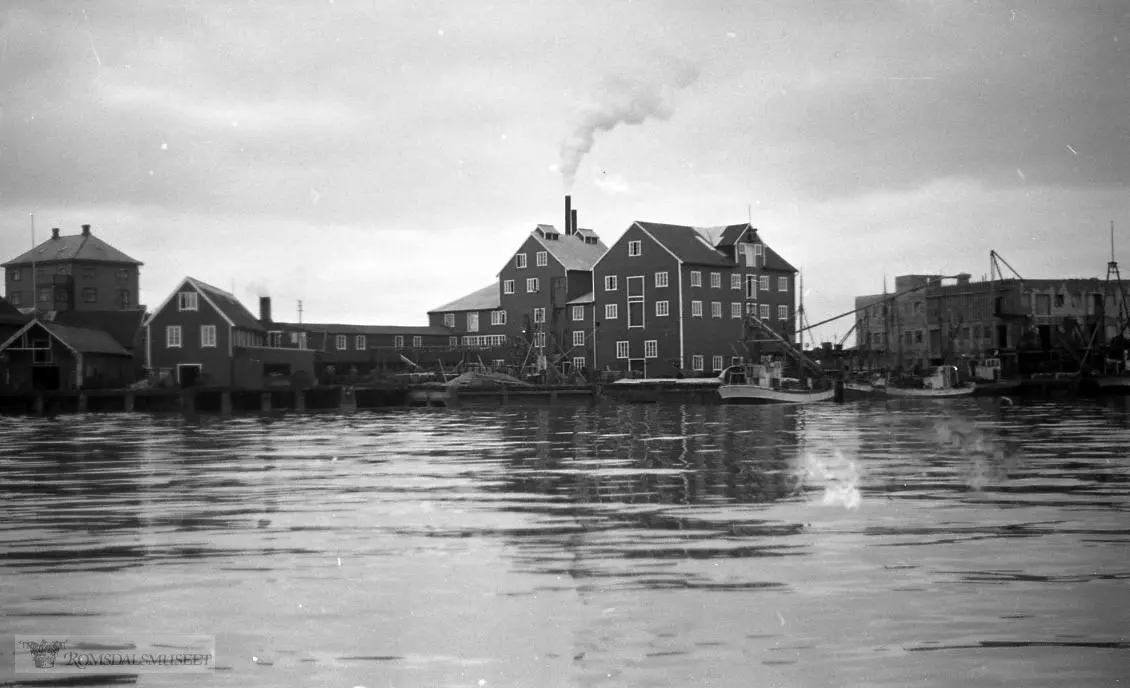 Søkklasta båter venter på å få levere sildefangsten..Huset til Sæbjørn Sæbjørnsen sin familie "Bergtun" lengst til venstre..(Filmbeholder Steinshamn)