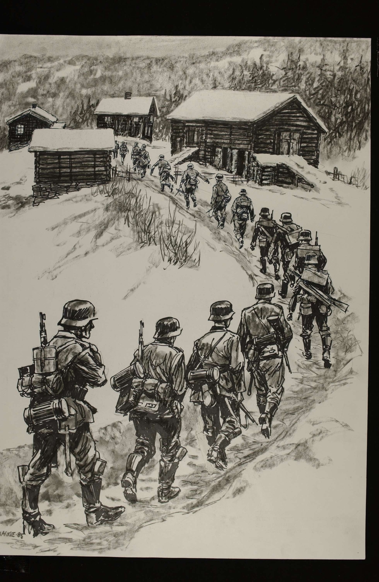 Tyske soldater marsjerer mot Bagnsbergene gård.