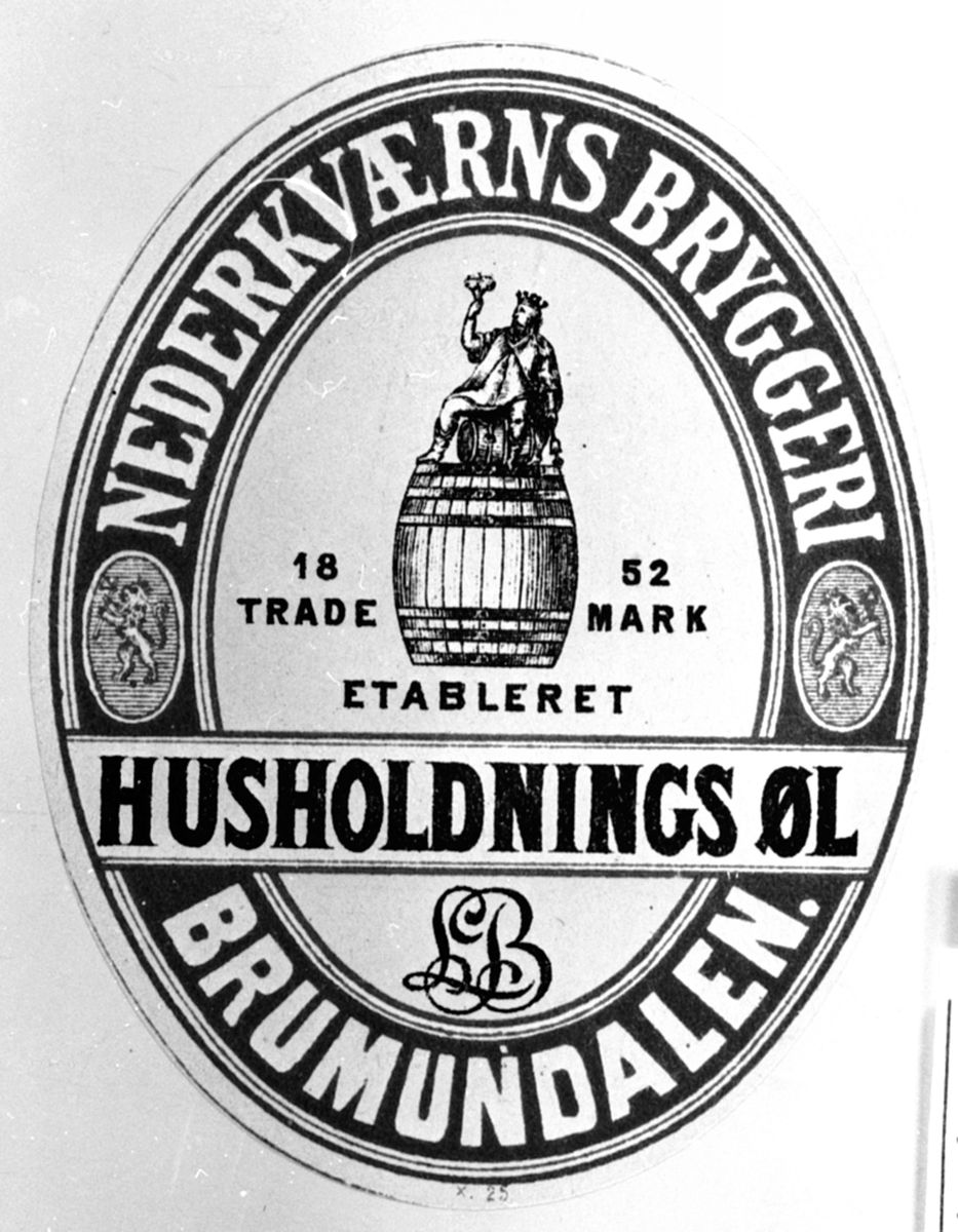 Etikett for flaskeøl, husholdningsøl, Nederkværns Bryggeri, etablert 1852, Nederkværn, Brumunddal, Ringsaker.