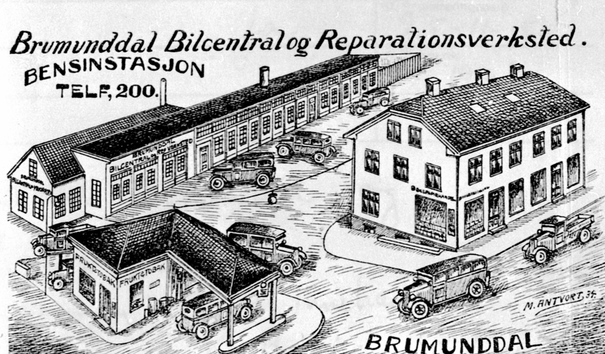 Tegning, reklame for Brumunddal Bilcentral og reperasjonsverksted, bensinstasjon, innehavere brødrene Sandbakken. Furnesvegen, Brumunddal. Tegnet av M. Antvort 1935. "Øverby-Sandbakkengården"