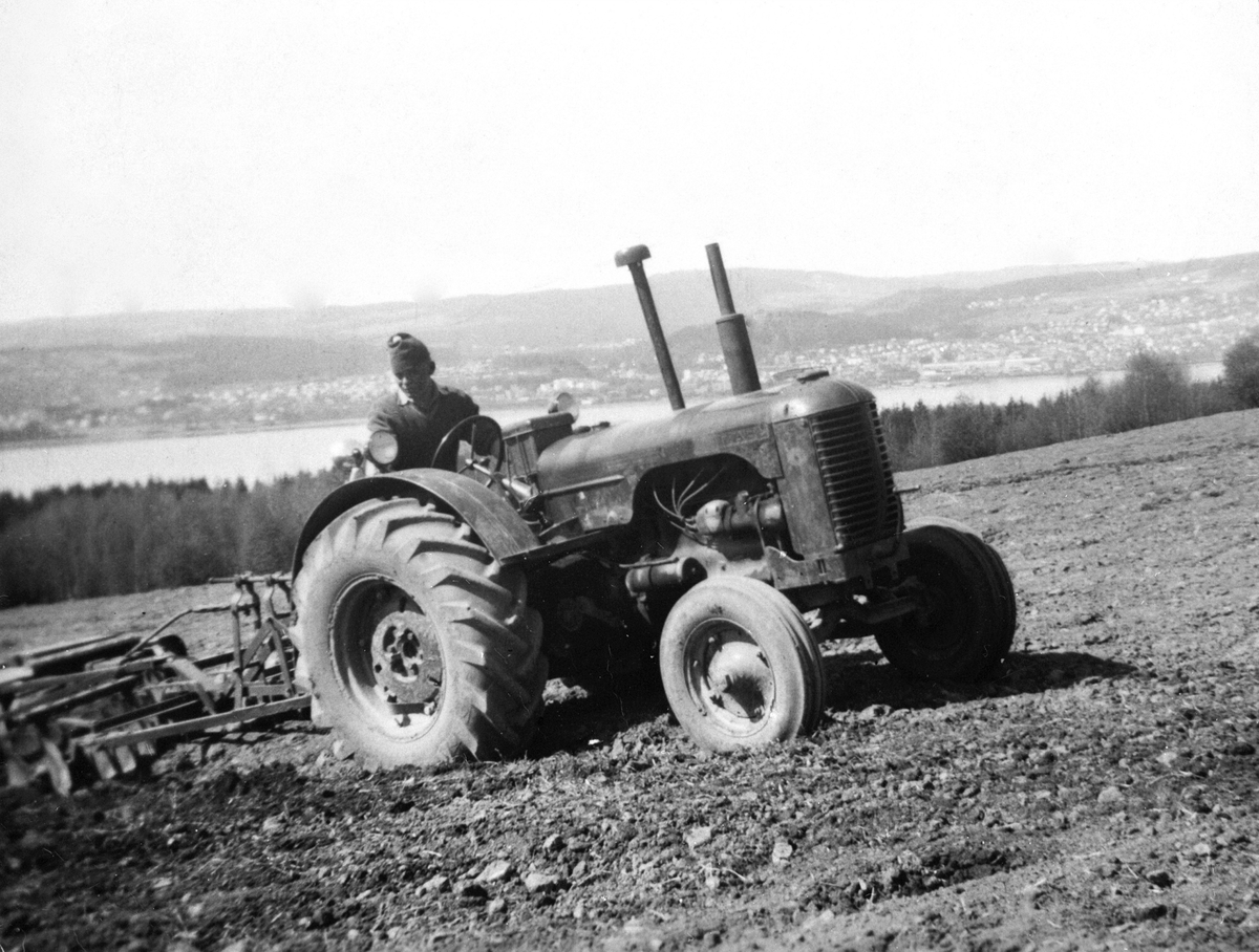 Skålharving med traktor på Faugli, Ringsaker. I bakgrunn er Mjøsa og Gjøvik. Gardskar Bjørn Harald på Case traktor.
