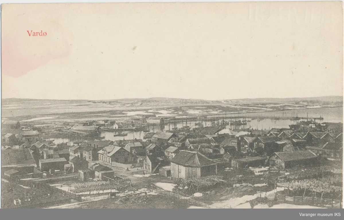 Postkort, Vestervågen og Nordre Våg, Skagen i bakgrunnen, sett fra Klondyke, før 1913