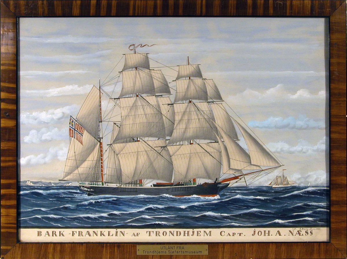Bark "Franklin" av Tr.heim for fulle seil utenfor kyst.