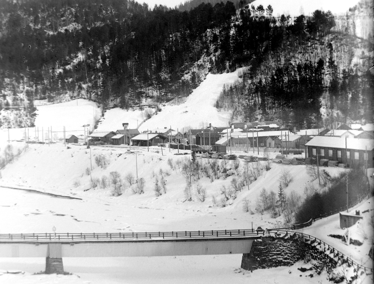 Utsikt fra Klinglierne mot Svorkmo stasjon, Orkla, og broa over elva.