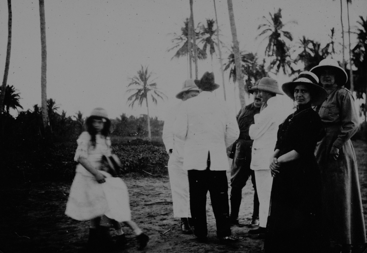 Gruppe av europeere på en gårdsplass med palmetrær i bakgrunnen
