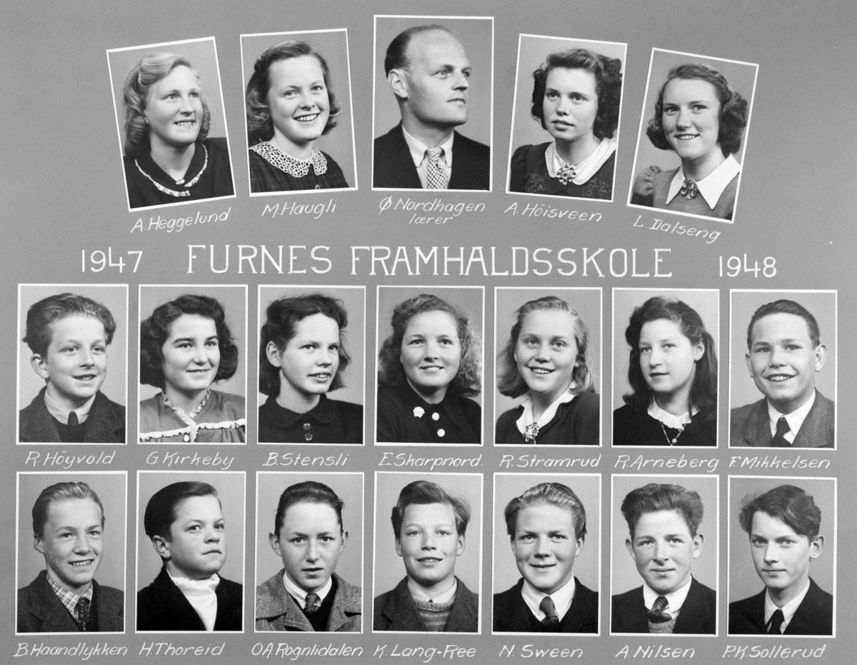 Gr: elever, Furnes framhaldsskole, montasje, Furnes i Ringsaker. 1947-48. 

Øverst fv: A. Heggelund, M. Haugli, lærer Ø. Nordhagen, A. Høisveen, L. Dalseng. 
2. rekke fv: R. Høyvold, G. Kirkeby, B. Stenslig, E. Skarpnord, R. Stramrud, R. Arneberg og F. Mikkelsen. 
Nederst fv: B. Haandlykken, H. Thoreid, O. A. Rognlidalen, K. Lang-Ree, N. Sween, A. Nilsen og P. K. Sollerud. 