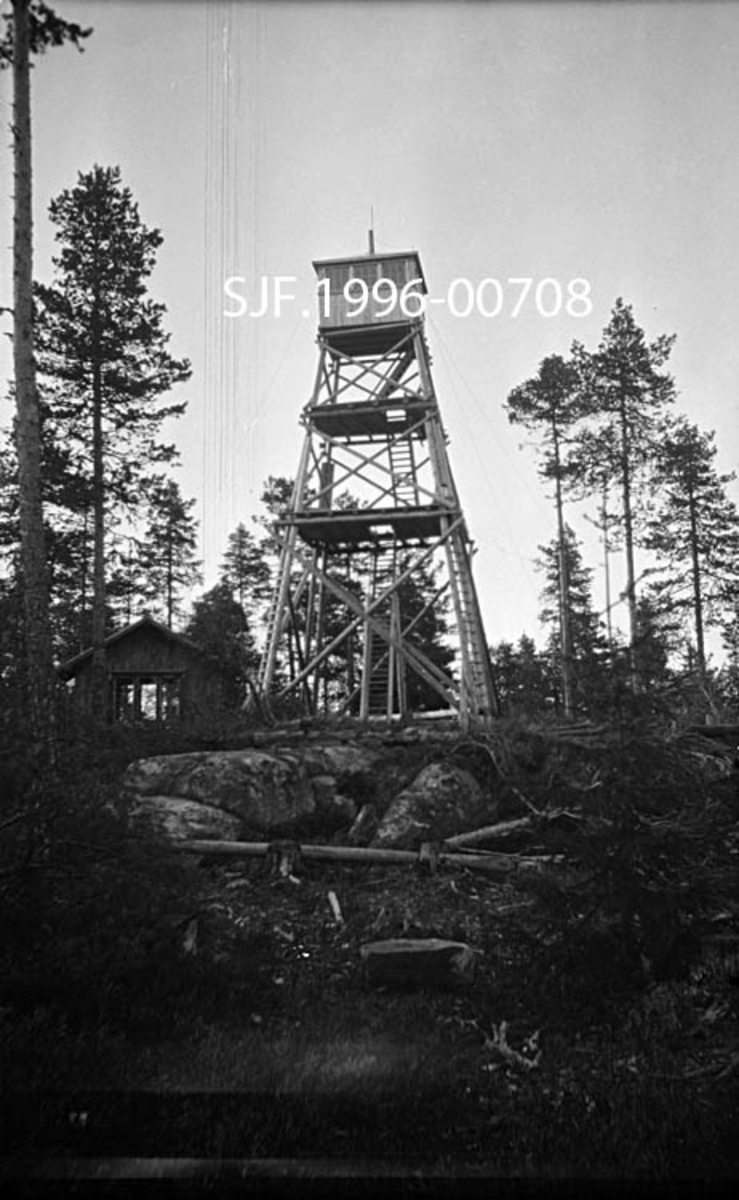 Tårnet på Haukenesfjellet skogbrannvaktstasjon i Rømskog i Østfold.  Denne lokaliteten har hatt tre brannvakttårn.  Det første ble reist av Østfold Skogselskap i 1909 og inngikk da i et nettverk med Vedøfse i Aremark, Høyås i Asak (Halden) og Linnekleppen mellom Aremark og Rakkestad.  Det første tårnet råtnet og ble i 1928 erstattet av et nytt tårn.  Tårn nummer tre ble reist i 1953.  De to siste tårnene ble reist i samarbeid mellom Østfold Skogselskap og forsikringsselskapet Skogbrand.  Skogbrannvaktholdet på Haukenesfjellet ble avviklet i 1976.  Etter den tid har lokale flyentusiaster fått betaling for å gjøre rekognoseringsturer.  Det siste tårnet på Haukenesfjellet ble i 2007-08 overtatt av Den norske Turistforenings avdeling i Østfold.  Turistforeningen vil restaurere tårnet med sikte på å innrede overnattingsrom for vandrere.  Om lag samtidig har Norsk Skogmuseum bygd en fullskalakopi av dette tårnet på sitt uteområde med støtte fra Skogbrand. 

Fotografiet viser antakelig det andre tårnet på Haukenesfjellet (1928-1952).  Det ble reist av tårnbyggeren Anton Lillevold fra Furnes i Hedmark og hans mannskap.  Tårnet var en slags standardmodell, cirka 10 meter høgt og sammensatt av om lag 65 tømmerstokker