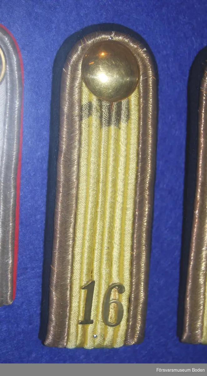 Gula inre beläggningssnören på mörkblå matta. Guldfärgad slät knapp och förbandssiffra 16 i metall.