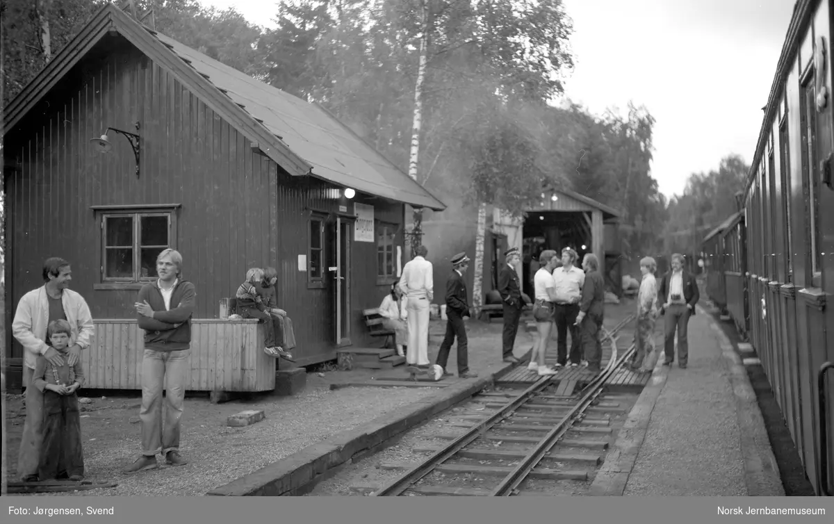 Urskog-Hølandsbanens stasjon Bingsfoss med reisende og tog