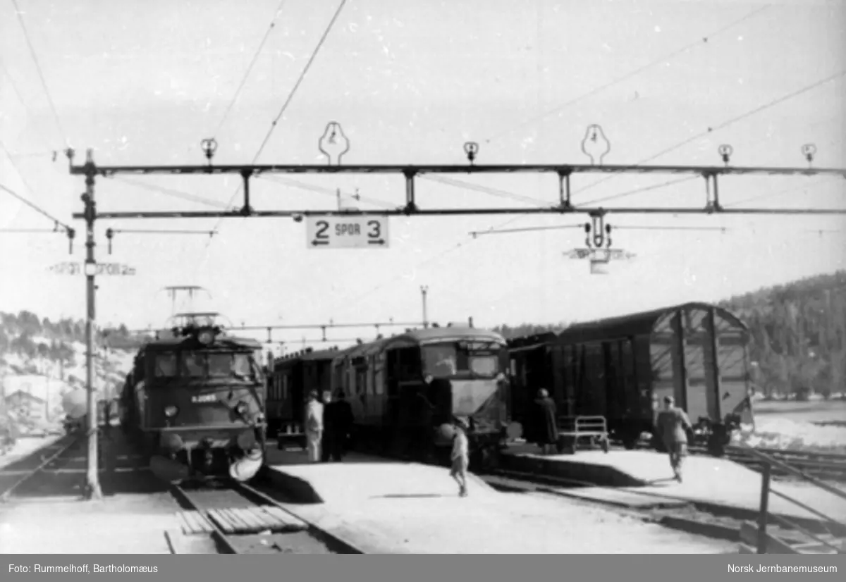 Nelaug stasjon med Sørlandsbanens tog i spor 2 og en bensinmotorvogn type 13 (til Treungen?) i spor 3