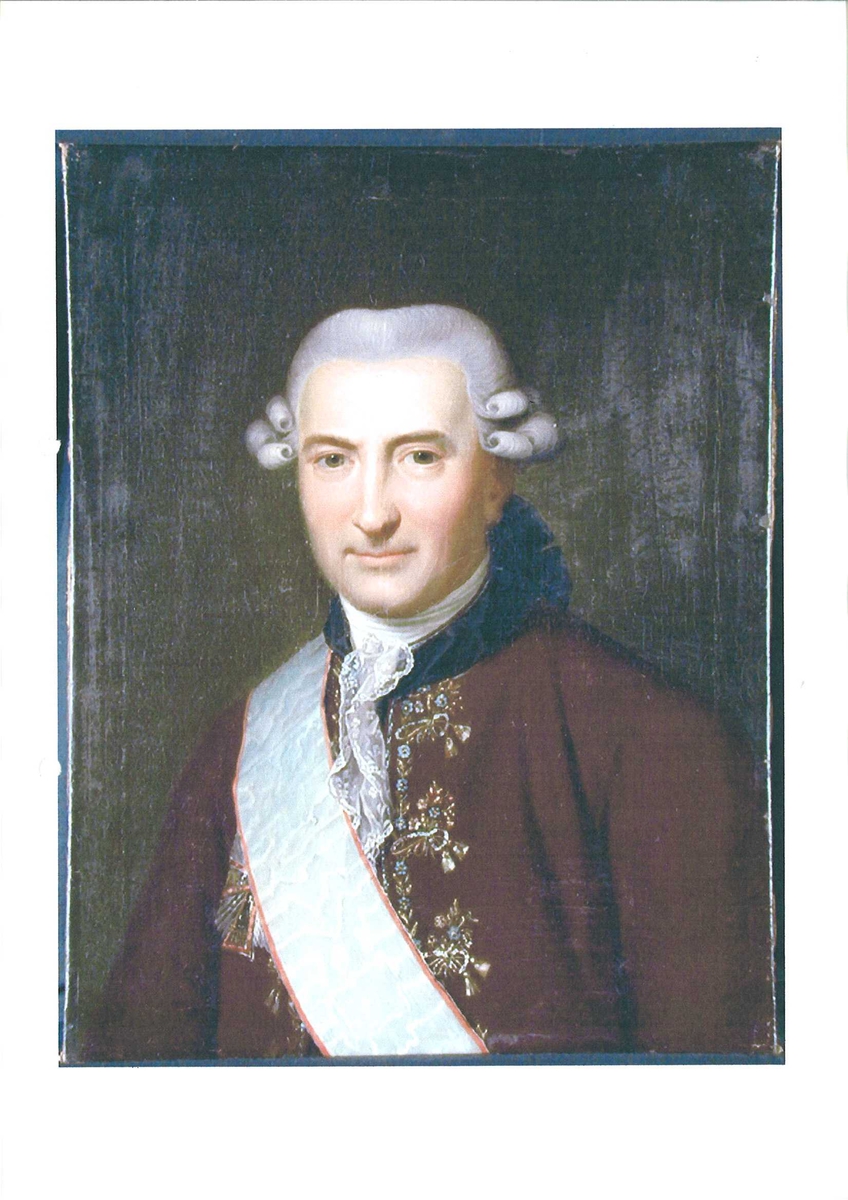 Mann m/parykk, ordensbånd, brun jakke m/blå krave. Ove Høeg Guldberg, statsminister i Danmark-Norge 1772-1784. 