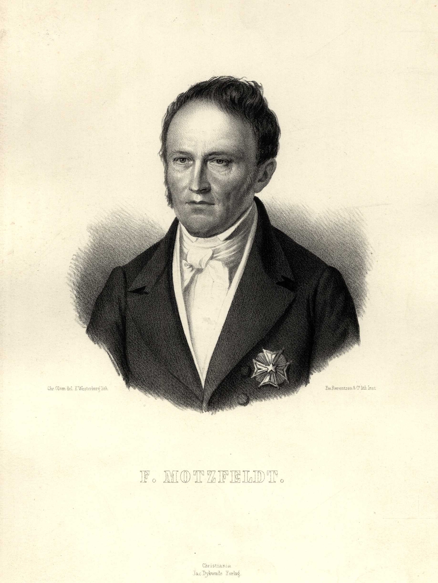 Portrett, brystbilde av F. Motzfeldt med frakk og medalje