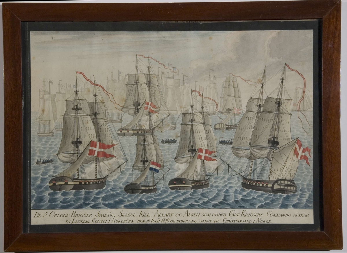 Den danske flåtes avskjæring av engelsk konvoi i Nordsjøen 1810: seilskip med danske orlogsflaggflagg. Himmel lysegrå,  sjø i blåtoner.