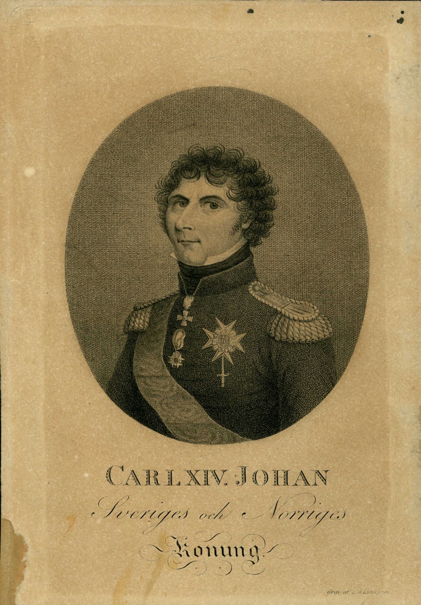 Portrett, brystbilde i oval av Karl Johan i uniform med ordensbånd og ordener.