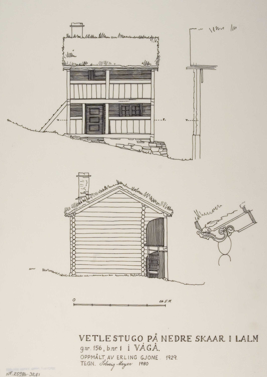Solveig Meyers tegning (1980)  av stue  Nedre Skår, Lalm, Vågå, Oppland. Etter oppmålinger fra Erling Gjone 1929.