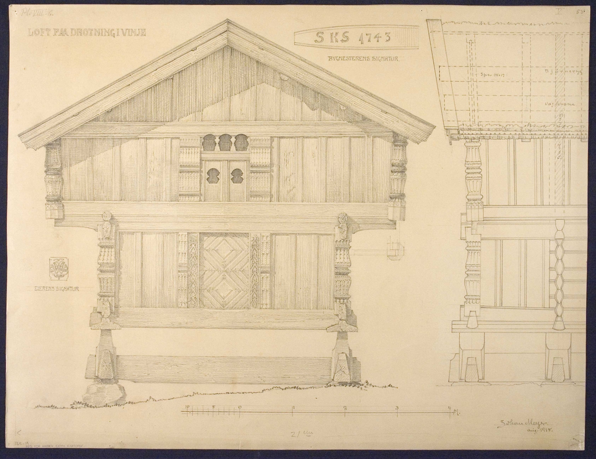 Johan J. Meyers tegning (1918) av loft, datert 1743, Drotning, Vinje, Telemark.