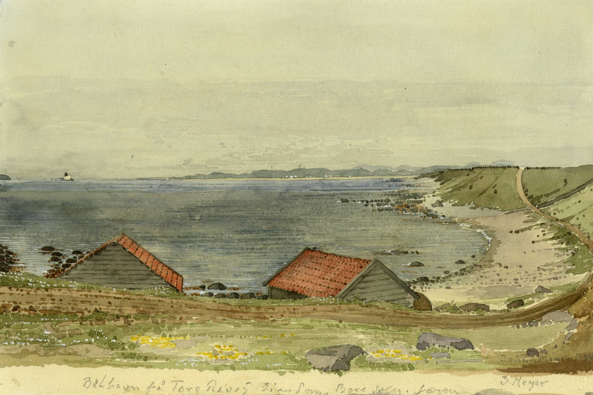 Johan J. Meyers akvarell (1934) av båthavn, Bore, Sola, Rogaland. Tore Reves eiendom.