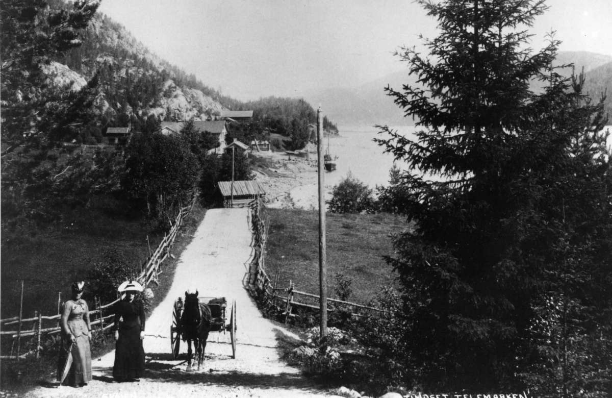 Tinnoset hotell i bakgrunnen. Gransherad på Notodden i Telemark. Hest og vogn på landeveien, to kvinner foran hesten.