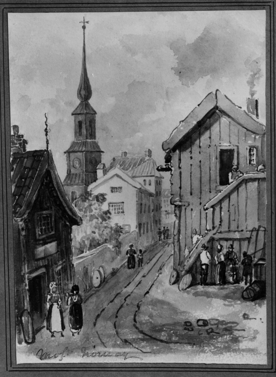 Moss, Østfold. Fotografi av akvarell, kunstner I. C. Young. Bebyggelse i byen.