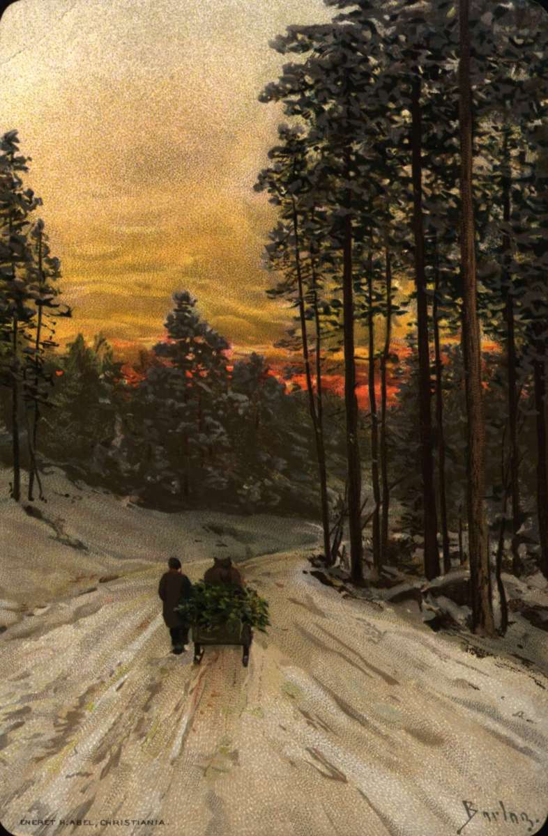 Postkort. Jule- og nyttårshilsen. Vintermotiv. En mann med med hest og slede er på vei gjennom skogen.  Dateres 1887-1892.